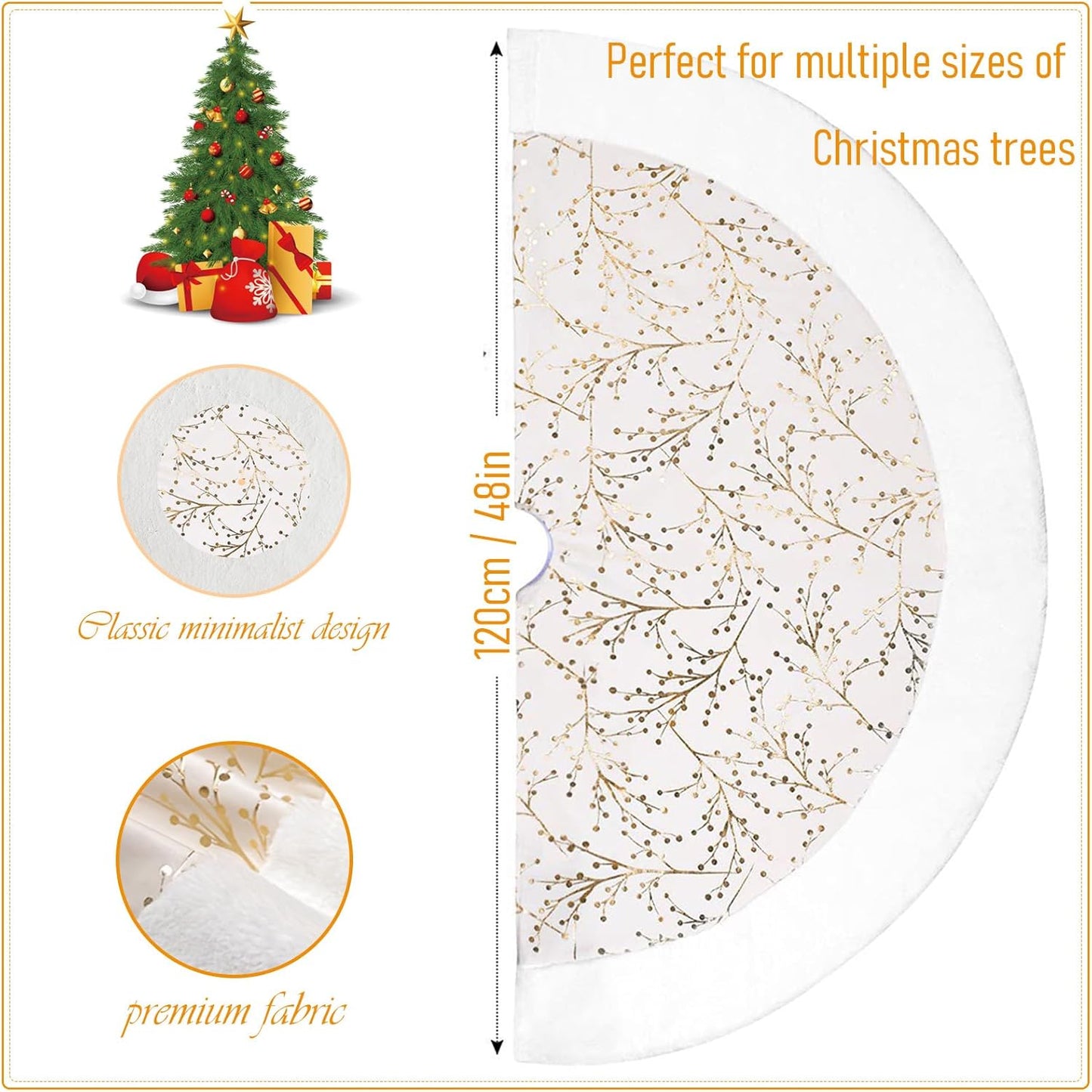 White-Gold Christmas Tree Skirt, White Faux Fur Plush Trim, Embellished with Golden Branches Pattern, Big Thick Velvet Xmas Tree Mat for Home Decoration, Gold Santa Skirt for Trees