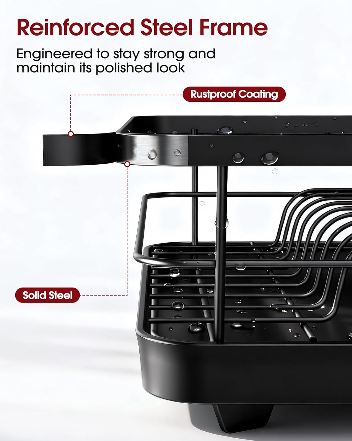 Sakugi Stainless Steel Dish Drying Rack for Kitchen Counter, Sink Organization and Storage Essentials with Silverware & Utensil Holder, Home and Apartment Decor, 12''W x 15.5''L, Black