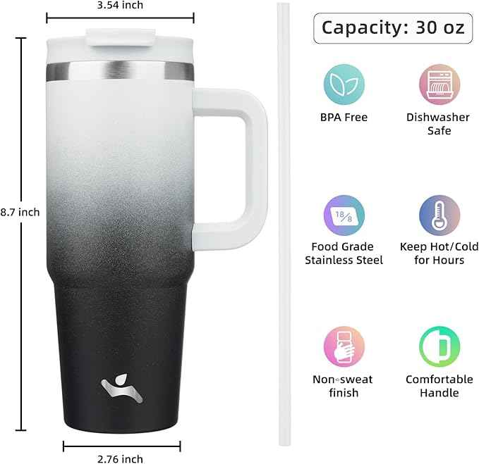 Konokyo 30 oz Tumbler with Handle and 2 Straws,2 in 1 Lid Insulated Water Bottle Stainless Steel Travel Coffee Mug,Day Night
