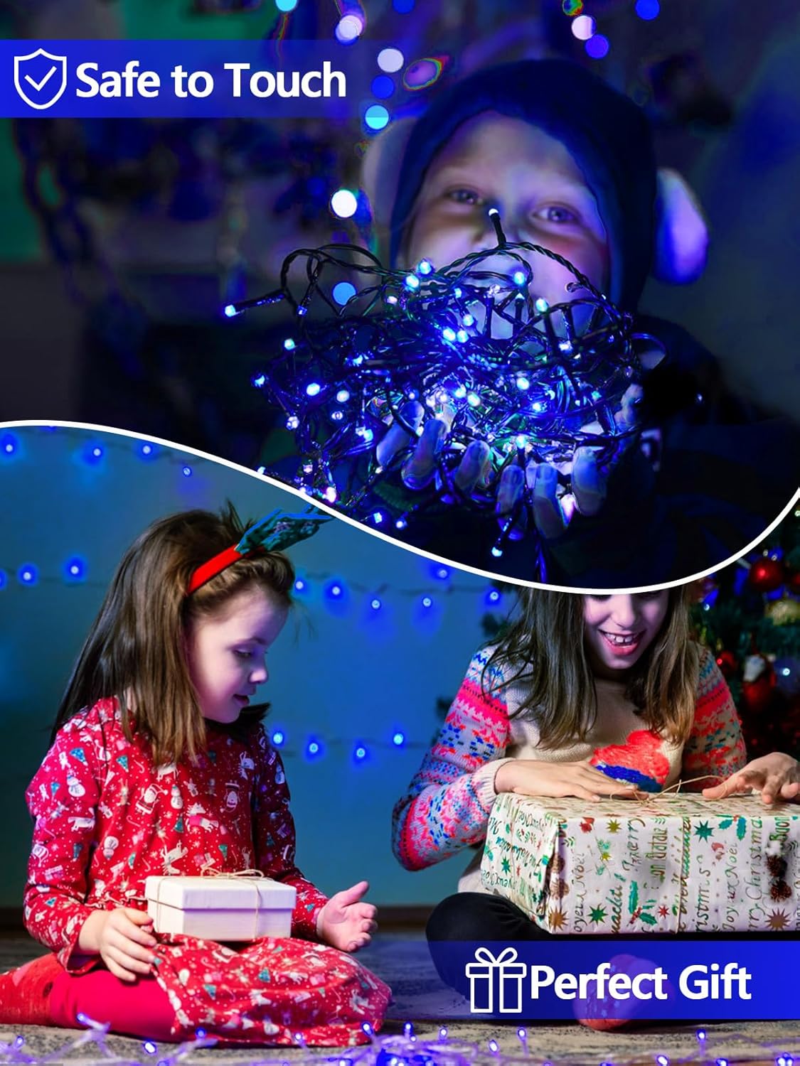 2 Pack 200 LED Solar String Lights Outdoor, Solar Christmas Lights with 8 Lighting Modes, Waterproof Green Wire Solar Tree Lights for Outside Xmas Wedding Party Garden Patio Yard Decorations (Blue)