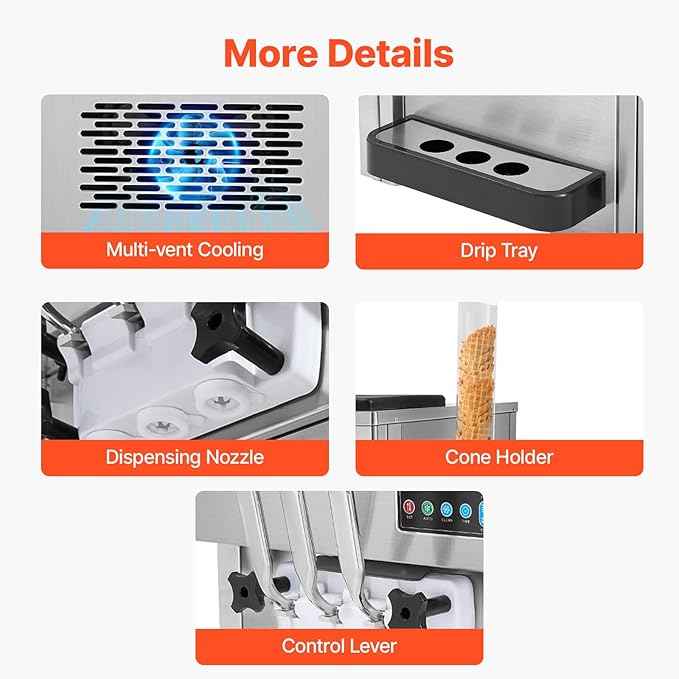 VEVOR Commercial Ice Cream Machine, 21 QT/H Soft Serve Ice Cream Maker with LCD Panel Auto Clean 3-Flavor Pre-cooling for Restaurant Snack Bar