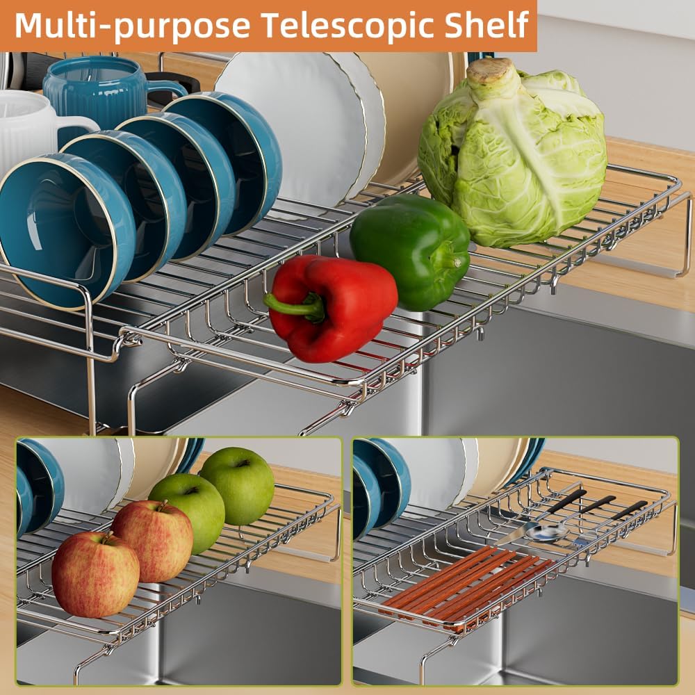 Dish Drying Rack - Stainless Steel Expandable Large Dish Drainer for Kitchen Counter, with Stainless Drain Board Rustproof Collapsible Organizer Space Saving