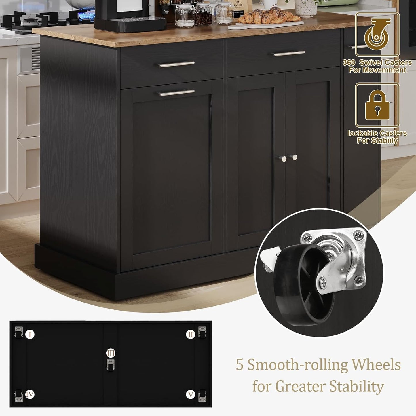 4 EVER WINNER Kitchen Island with Trash Can, 53" Rolling Kitchen Island with Storage and 3-Large Spice Racks, Portable Kitchen Island with Adjustable Shelves, Black