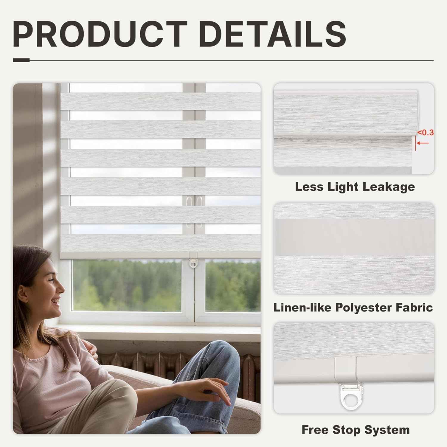 HESTIA Cordless Light Filtering Zebra Shades for Windows, Day Night Dual-Layer Linen-Look Woven Fabric Roller Shades, Privacy Light Control for Living Room/Home Office, Grey White, 69" W x 72" H