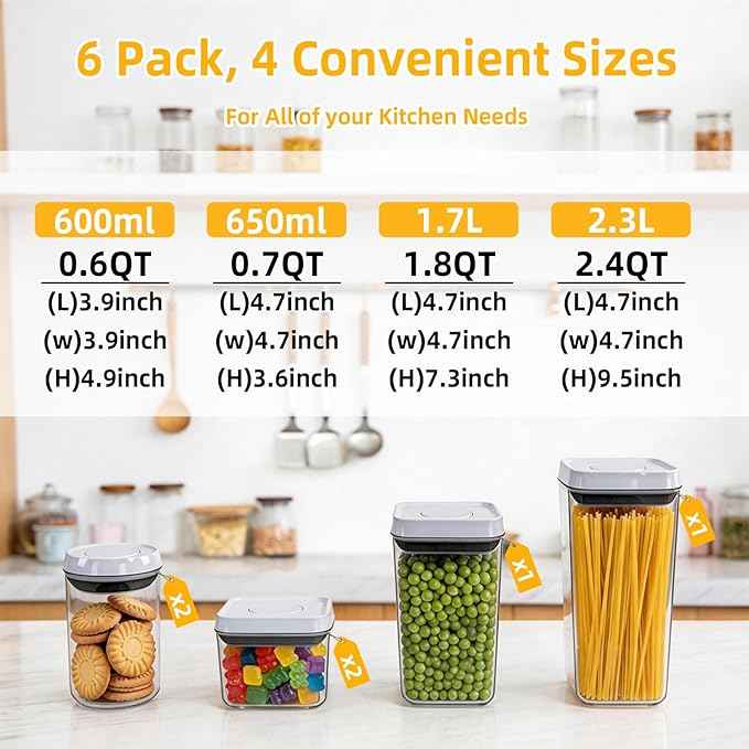 6 Pcs POP Container Set, Airtight Food Storage with Lids, Push Button Seal BPA-Free Set for Pantry, 0.65QT/0.7QT/1.8QT/2.4QT for Bulk Dry Food, Cereal, Flour, Sugar, RV Kitchen Storage