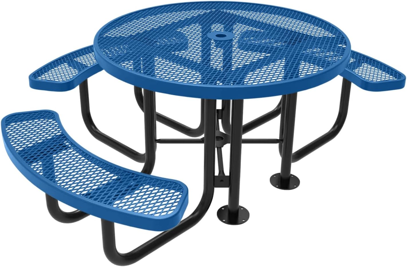 Heavy-Duty Portable Outdoor Picnic Table with Umbrella Hole, Expanded Metal Patio Dining Furniture Made in America (46" Round Top, Textured Light Blue)