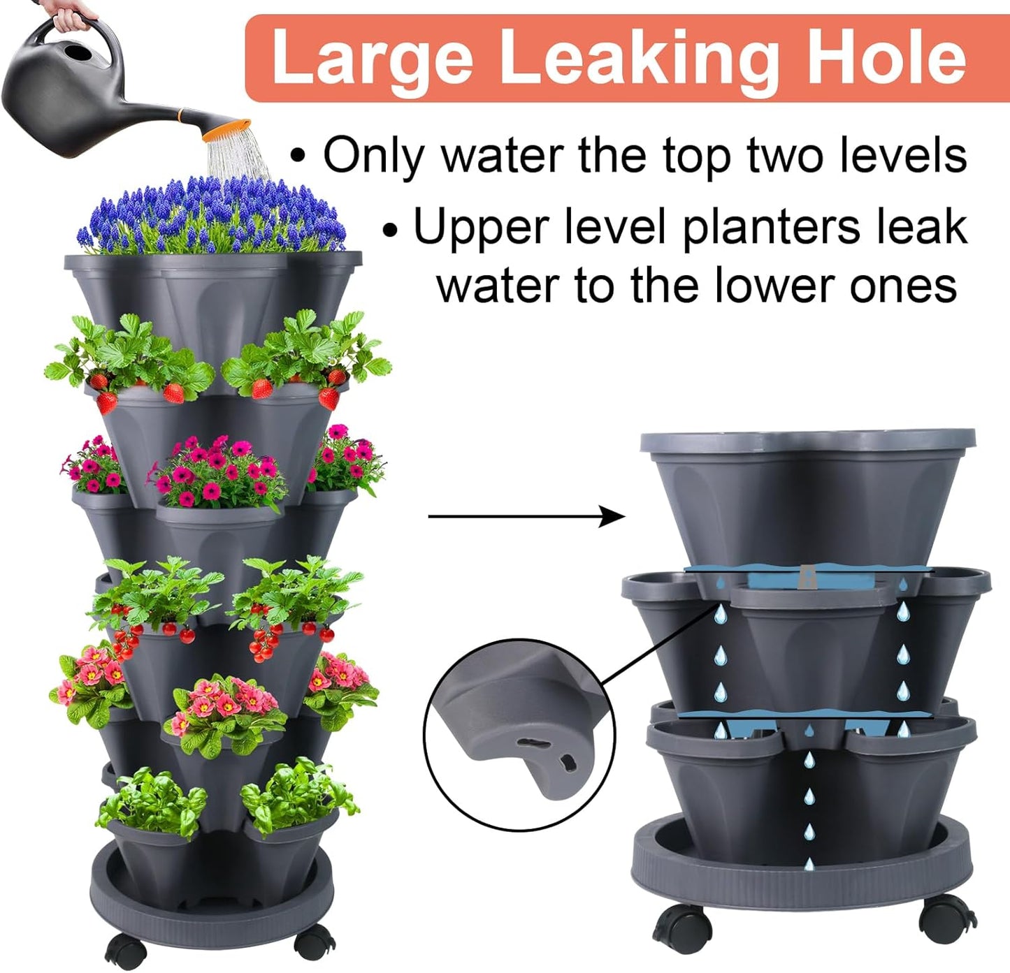 Vertical Planter 6 Tier Stackable Planters Garden Planters Strawberry Herb Flower and Vegetable Planter Indoor Outdoor Gardening Pots with Removable Wheels and Tools