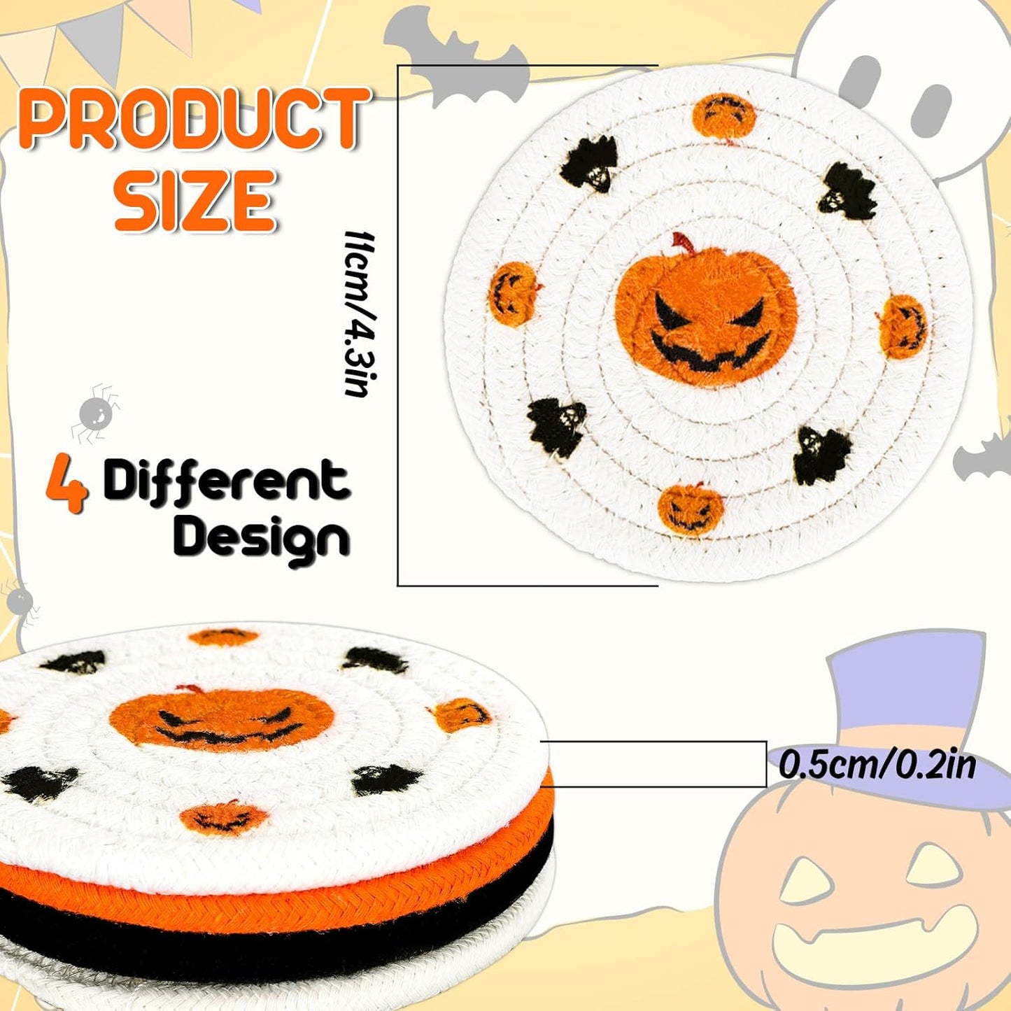 Whaline 4 Pack Halloween Handmade Braided Drink Coasters Black Orange Pumpkins Witch Hats Absorbent Cotton Cup Coasters Heat Resistant Cup Mats for Halloween Home Kitchen Office Table Decor, 4.3 Inch
