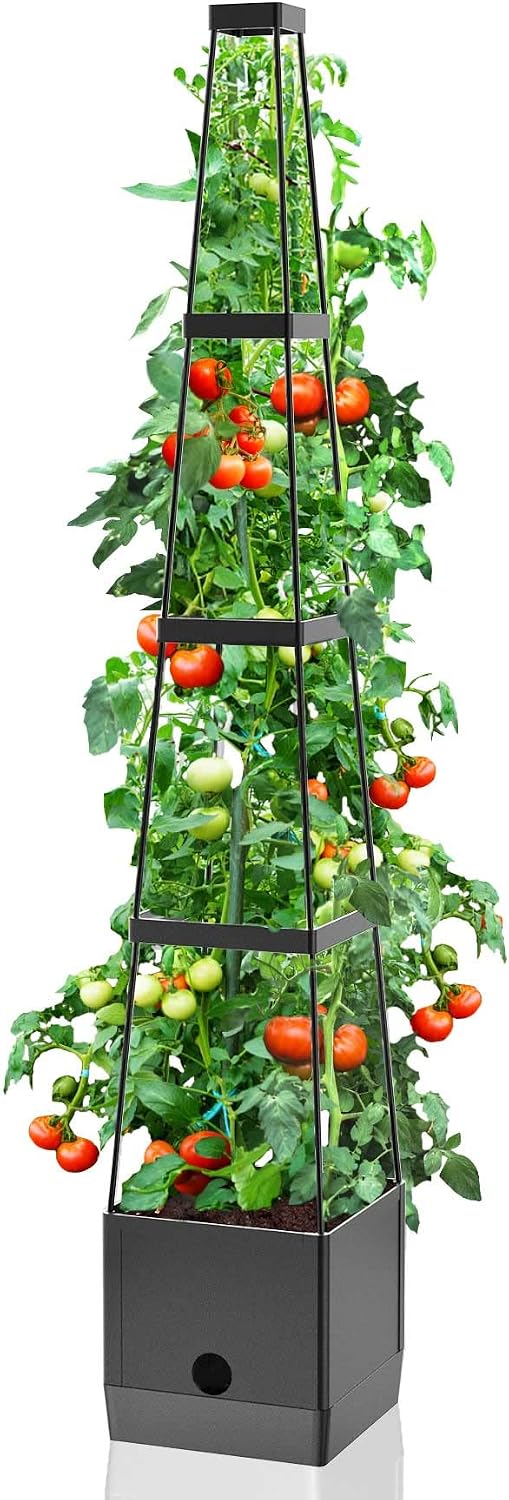 Raised Garden Bed Planter Boxes & Trellis, vanpein Tomato Cage & Planter Pot Outdoor 59" Plant Support with Self Watering for Climbing Vegetable Flowers Vines Plants, Gray