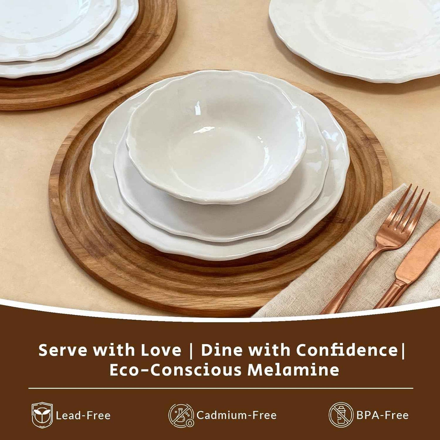 12-Piece Melamine Plastic Dinnerware Set - Large Plates and Bowls with Scalloped Edge and Textured Surface for 4 - Dishwasher Safe, Non-Breakable, Perfect for Family Meals and Parties - White