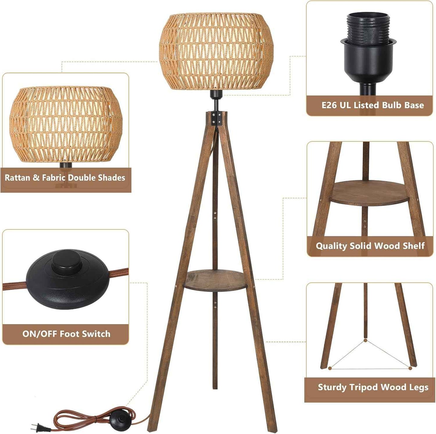 LAMSU Boho Tripod Floor Lamps for Living Room, Wood Floor Lamp with Shelf, Mid Century Modern Standing Lamp with Rattan Shades, Foot Switch, Rustic Farmhouse Tall Lamps for Bedroom Office, Brown