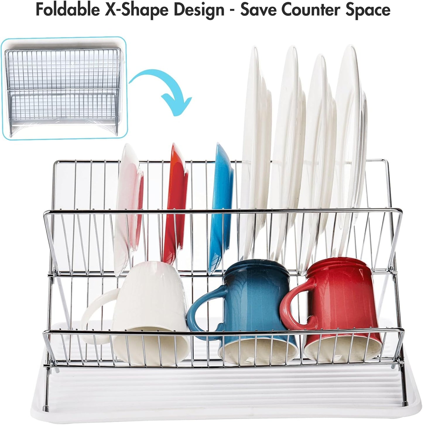 Youeon Foldable Dish Drying Rack with Drip Tray, Stainless Steel 2 Tier Dish Drainer Rack, Collapsible Dish Drainer, Folding Dish Rack for Kitchen Sink, Countertop, Cutlery, Plates, Dishes