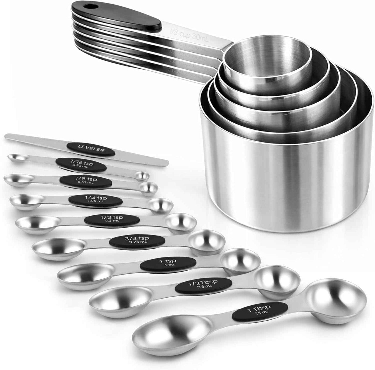 Magnetic Measuring Cups and Spoons Set, Strong N45 Magnets, 304 Stainless Steel, Double-Sided Measuring Spoons, 14-Piece Set with Leveler for Baking & Cooking