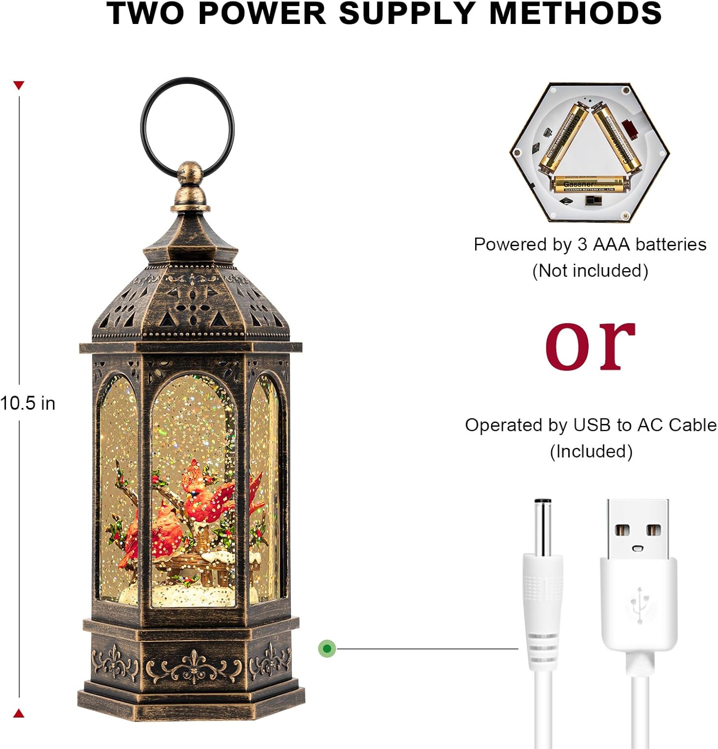 Christmas Snow Globe Lantern Water Glittering 10.5'' Cardinal with Music& Timer, USB Lined/Battery Operated Lighted Lantern for Christmas Festival Decoration Gifts