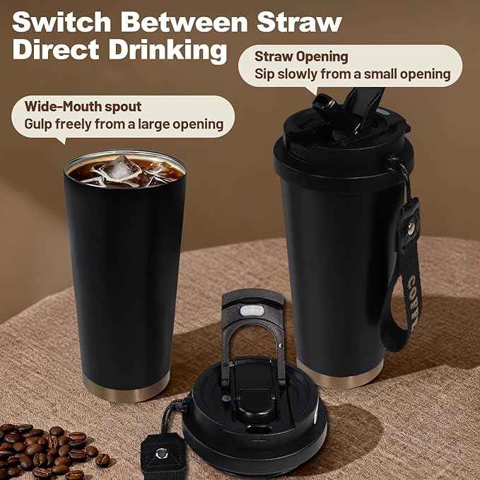 Insulated Coffee Tumbler 17.9oz 530ml Travel Coffee Mug 316 Stainless Steel Dual Drink Openings Leakproof Lid Reusable Insulated Coffee Mug Hot and Cold Ideal Travel Mug for Coffee Lover Daily