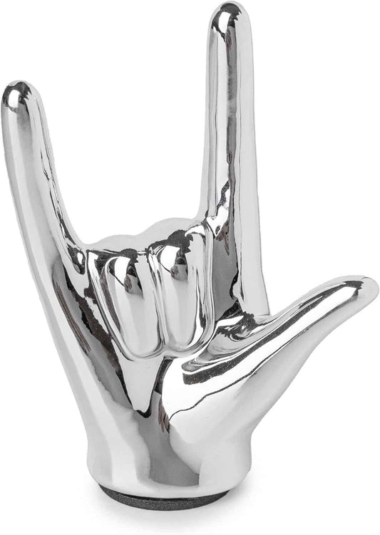 Tiny I Love You Hand Statue Gold Decor, Tiny Rock and Roll Hand Sign Desk Statue, Gold Gesture Statues and Sculptures, Ceramic Gesture Hand Sculpture Finger Statues Classic Home Decor (Silver)