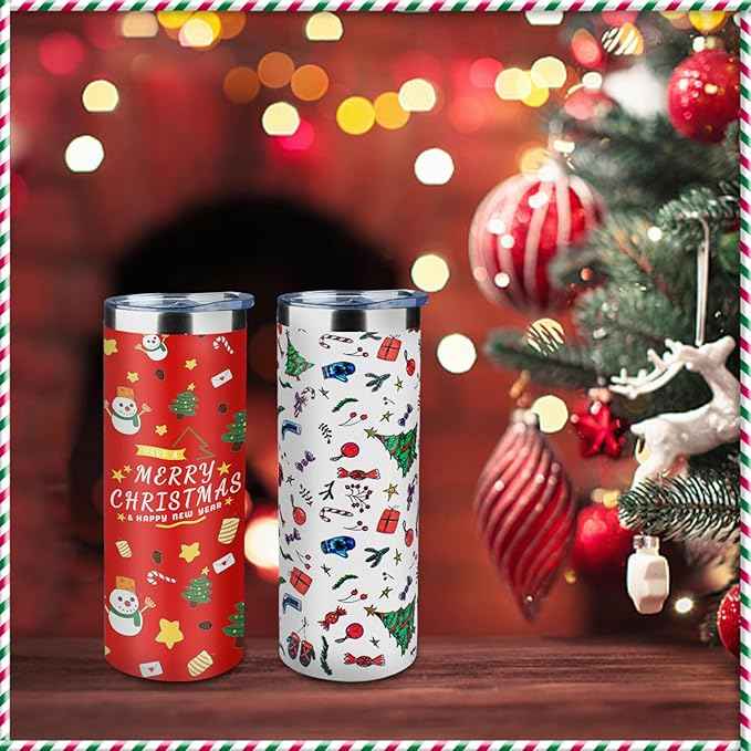 20oz Christmas Skinny Tumbler with Lid and Straw,Stainless Steel Vacuum Insulated Tumbler Cup Double Wall Travel Coffee Mug Christmas Gifts for Women Men(Xmas Elements,2)