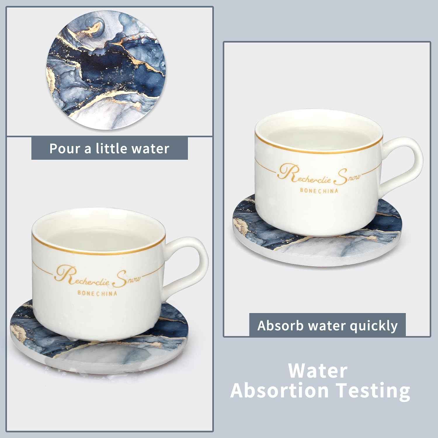 Coasters Set of 6, Navy Blue Marble Abstract Round Ceramic Coasters with Holder, Best Absorbent Drink Coaster Set, Coffee Table Decor for Home Decor House Warming Gifts New Home