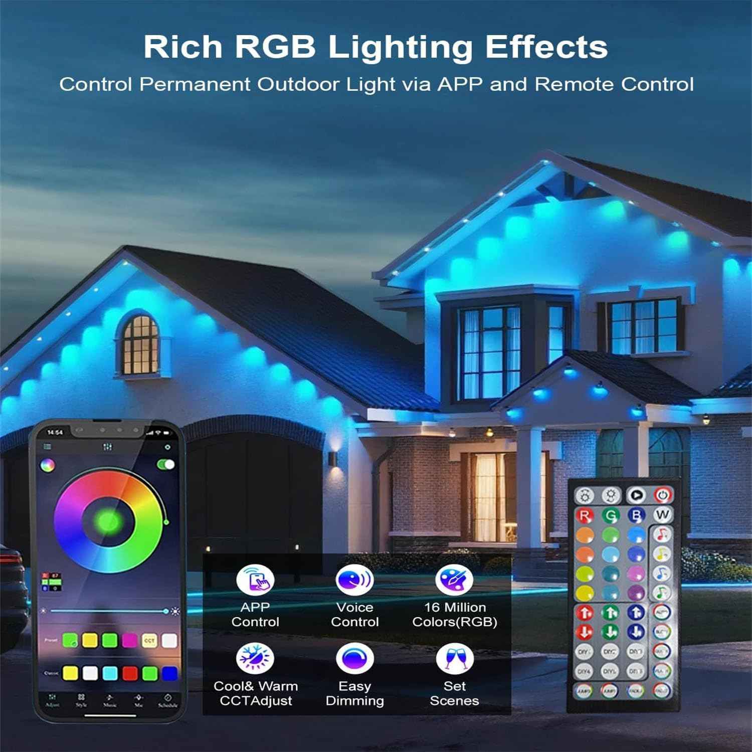 300FT Permanent Outdoor RGB Lights,IP67 Waterproof Smart LED Eaves Lights with App/Remote Control,for Christmas and All Holiday Decor,Daily and Accent Lighting,House Roof and Garden Lighting