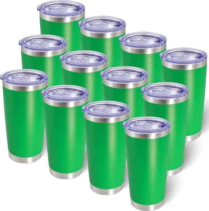 AIANJI 20oz Tumbler Bulk Stainless Steel Tumblers with Lid Vacuum Insulated Double Wall Travel Coffee Mug Powder Coated Tumbler Cup for Hot and Cold Drinks(Green, 12 pack)