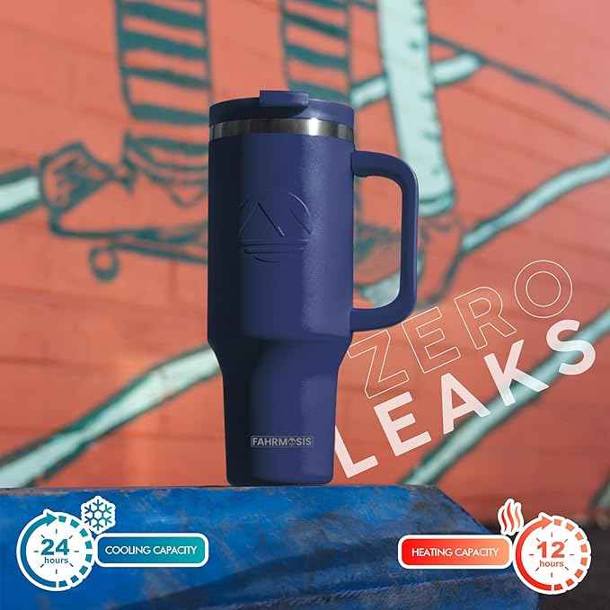 FAHRMOSIS 40 Oz Tumbler with Handle and Straw Insulated Cup that Fits in Cup Holder for Hot & Cold Drinks Leak Proof Tumbler with Straw Stainless Steel Travel Mug for Men & Women - Navy Blue