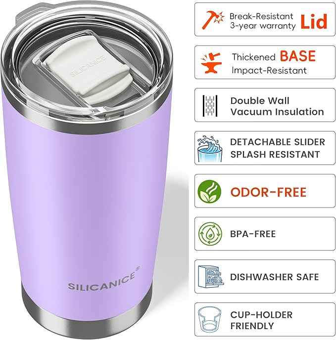 Coffee Tumbler 20 oz, Double Wall Stainless Steel Travel Coffee Mug with Removable Slider Lid, BPA Free, Car Cup Holder Compatible - Gym/Office/Travel/Home - Lilac