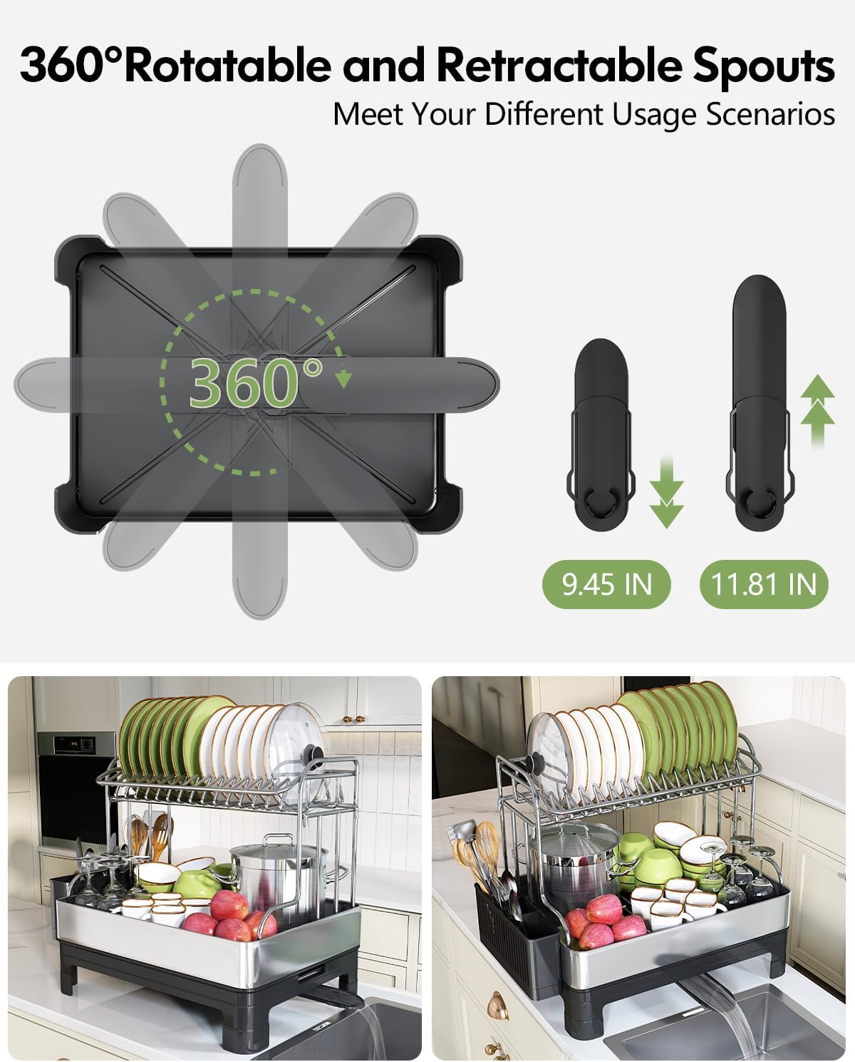 BOOSINY Extra Large Two Tier Stainless Steel Dish Drainer Drying Rack with Drainboard for Kitchen Counter, Modern Black and Silver, Rust Proof Metal, Space Saving Countertop Big Plate Dryer and Tray