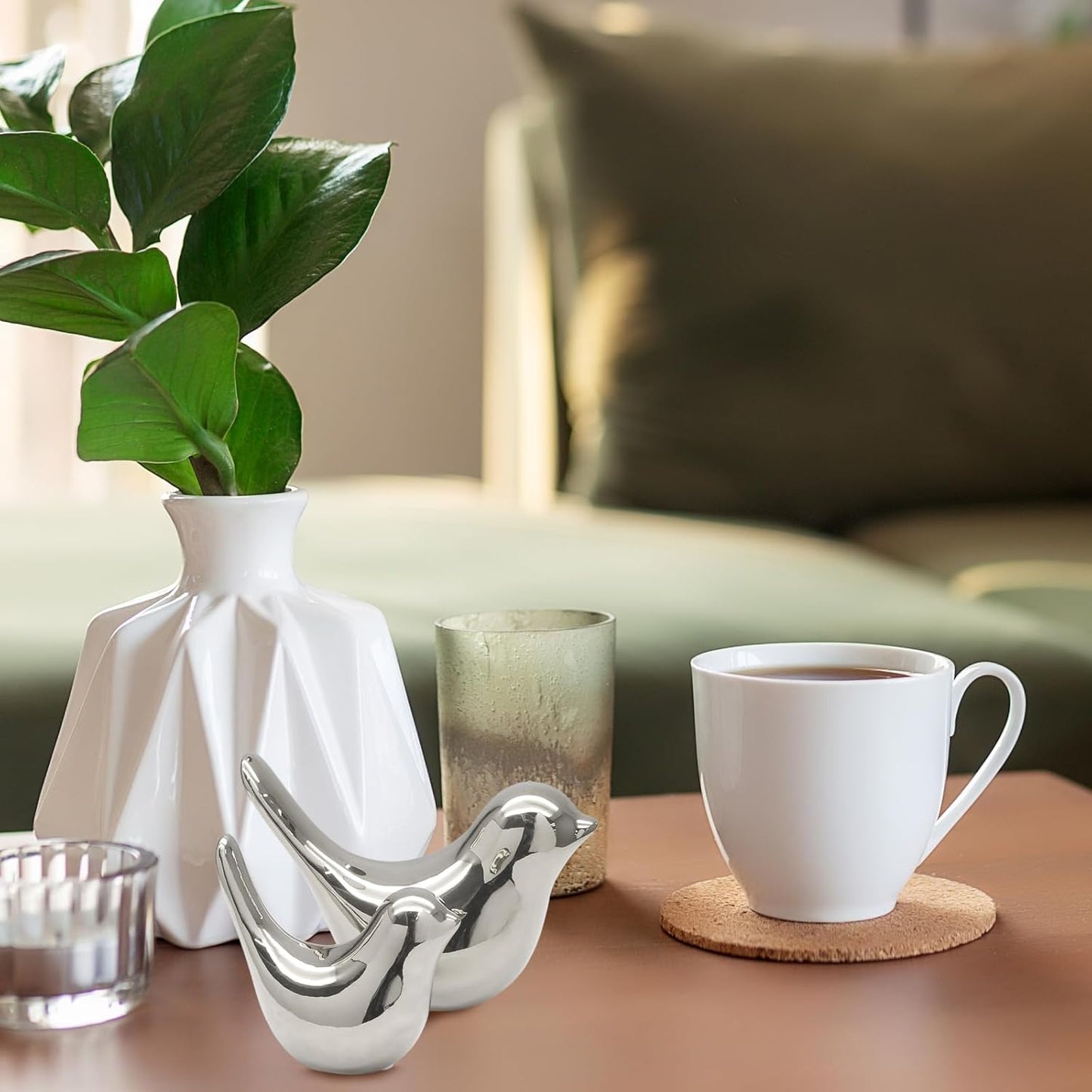 2 Pcs Modern Style Animal Statues, Decorative Silver Ornaments Birds Statues, Ceramic Decor for Office Desktop, Bookshelf, Bedroom, Living Room, Cabinets