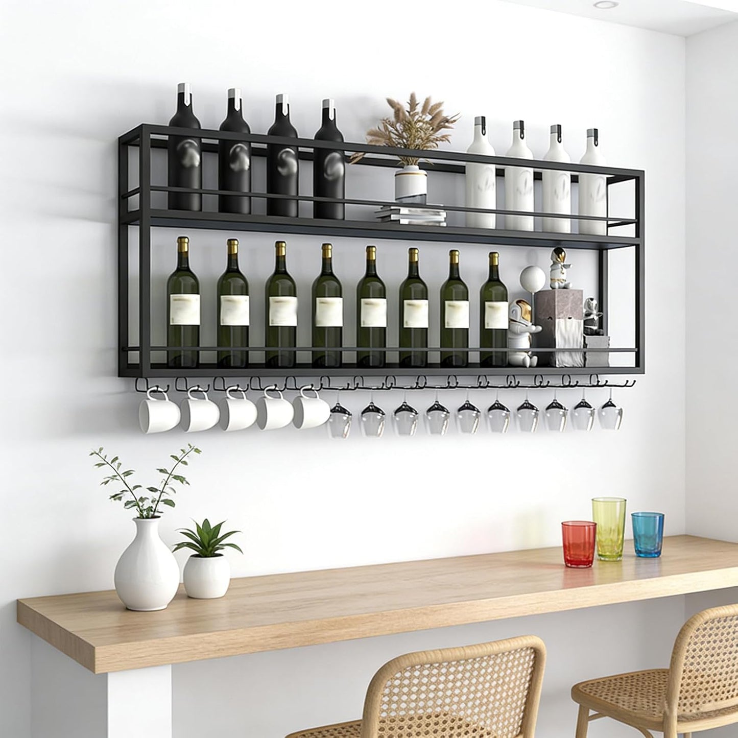 Industrial Wall Mounted Wine Rack, 2-Tier Wood Wine Bottle Shelf with Stemware Rack, Black Wine Glass Rack Multi Functional Wine Storage Display Rack for Home Bar Dining Room Kitchen (31.4×7.8×26in)