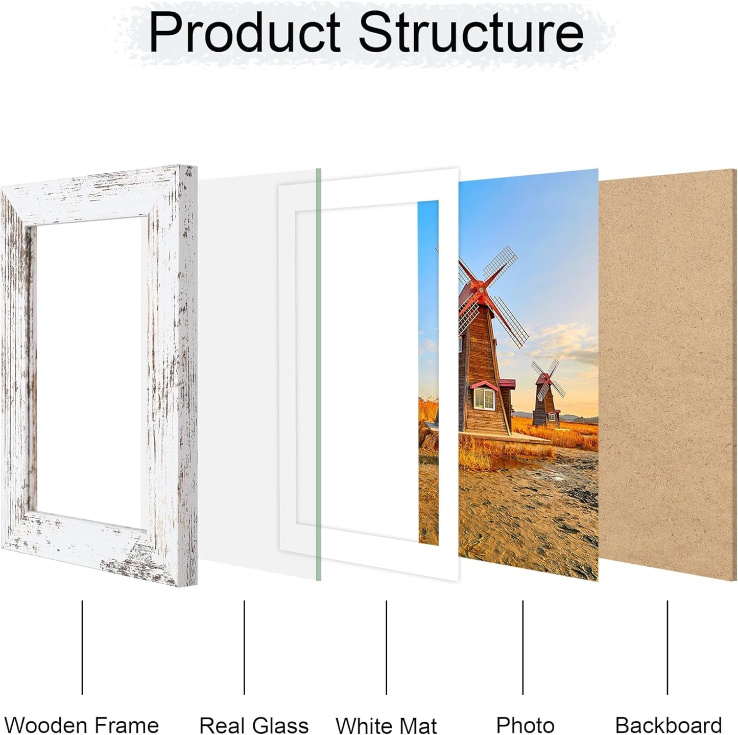 5x7 Picture Frame Set of 4, 5 x 7 Wood Photo Frames with Mat for 4x6, Rustic Natural Wooden Frame with Real Glass Cover for Wall and Tabletop Display,Distressed White