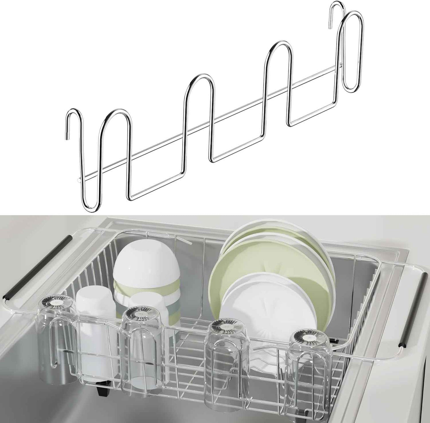 12 Inch Stainless Steel Cup Drying Rack with 4 Hooks, Kitchen Mug Holder Organizer for Glasses, Baby Bottles, Travel Mugs, Dishwasher Safe Kitchen Drainage Basket