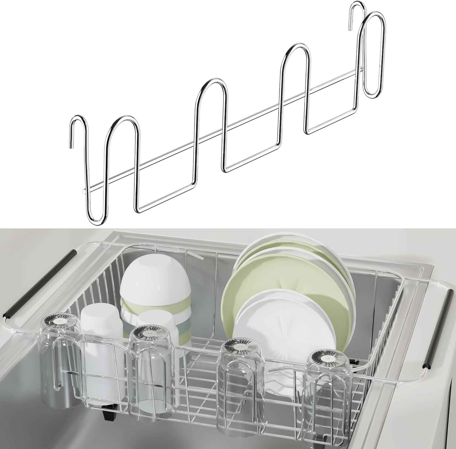 12 Inch Stainless Steel Cup Drying Rack with 4 Hooks, Kitchen Mug Holder Organizer for Glasses, Baby Bottles, Travel Mugs, Dishwasher Safe Kitchen Drainage Basket