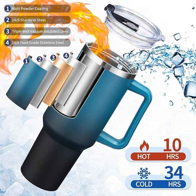 BENZZO Water Bottle, 40 oz Tumbler with Lid and Straw - Leakproof Travel Mug Thermal Cup 40oz, Insulated Tumblers Stainless Steel for Hot and Cold for 34H, Gifts for Women Man Mother Father Birthday