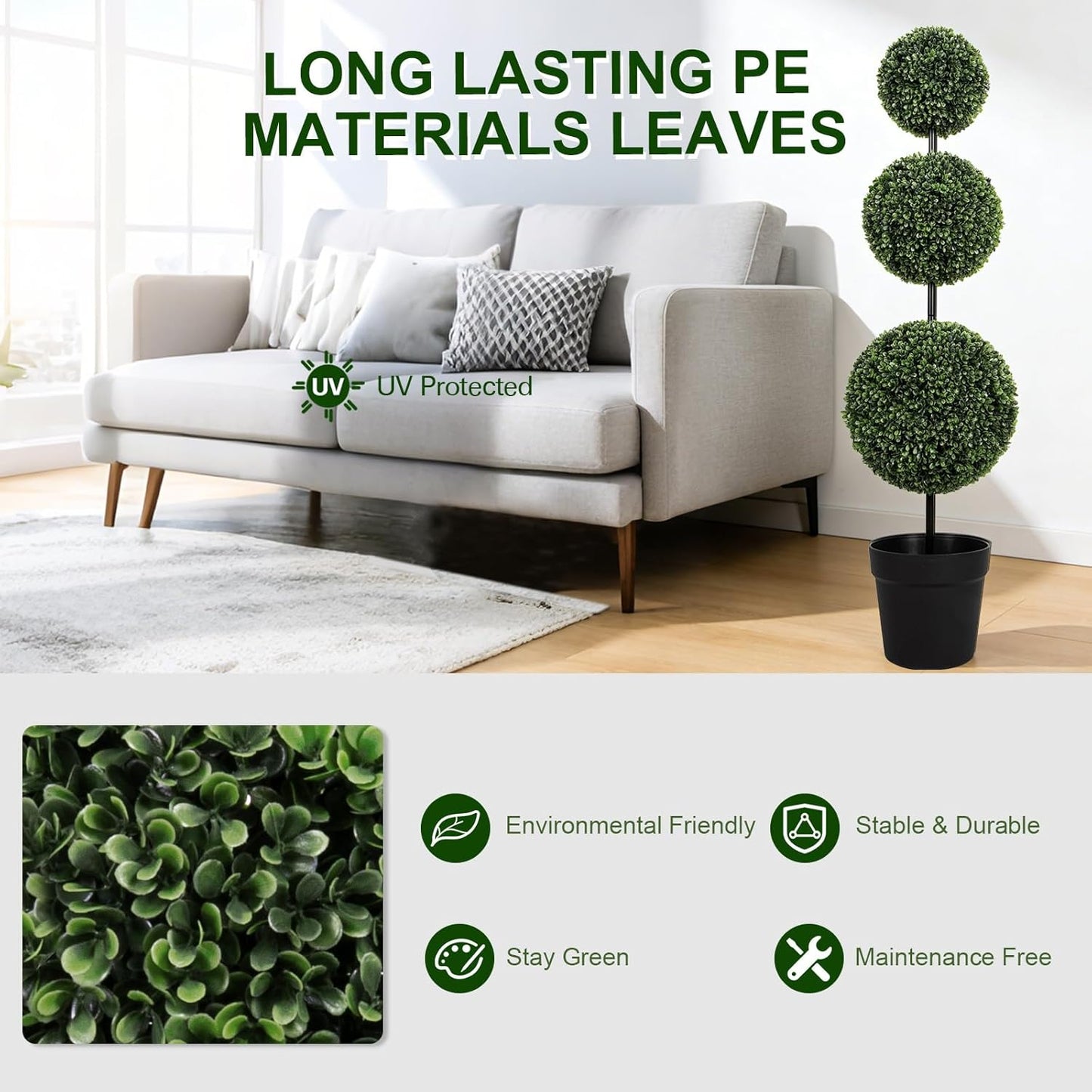 VIVATREES 4FT UV-Resistant Artificial Triple Ball Boxwood Topiary Set of 2, All-Weather Outdoor & Indoor Decor for Garden, Porch, Entryway