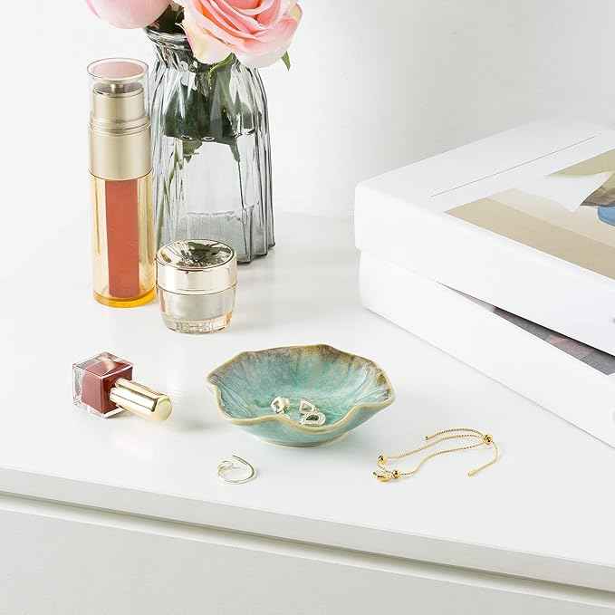 Jewelry Dish Tray, Ring Dish, Ceramic Trinket Tray, Key Bowl, Decorative Plate, for Friends Sisters Daughter Mother (Emerald Green)