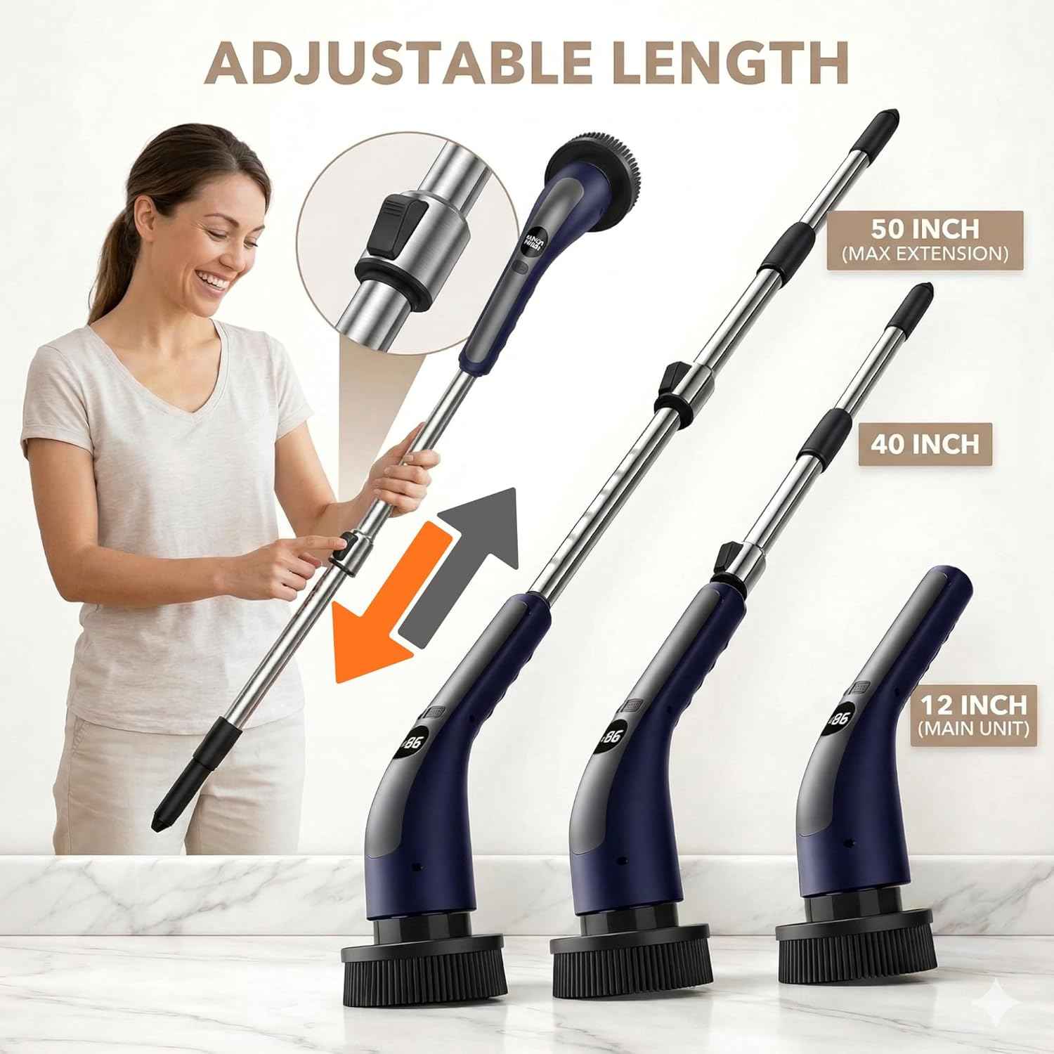 LIVINGPRO Electric Spin Scrubber with LCD Display, Cordless Cleaning Scrubber for Home, Upgraded 70W High-Power Motor, IPX7 Waterproof Dual Speed Power Scrubber, 7 Brush Heads, Extendable Long Handle