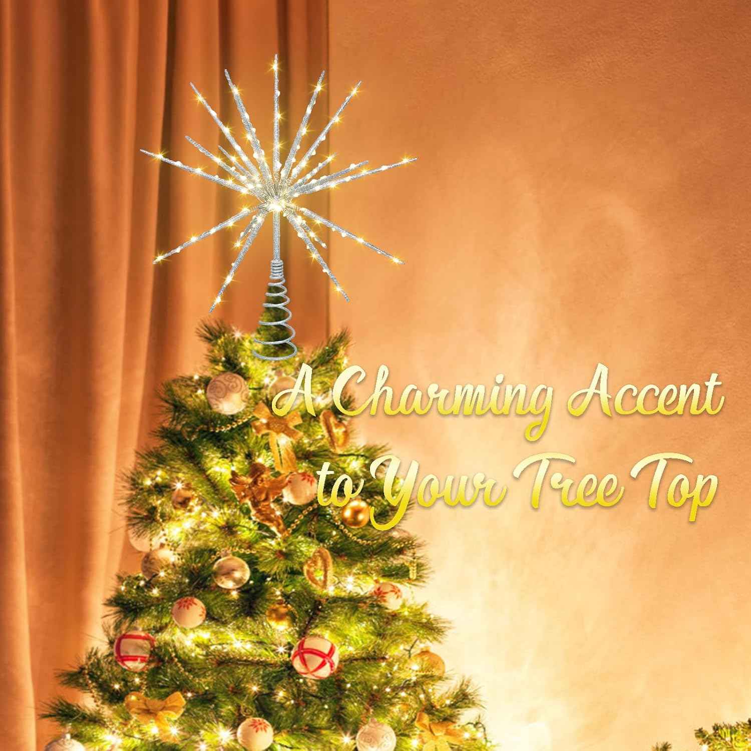 15 Inch Christmas Tree Star Topper with 150 LED Timer Lights & Remote, 19-Point USB Powered Lighted Silver Starburst Star Tree Topper for Indoor Holiday Party Xmas Tree Decor