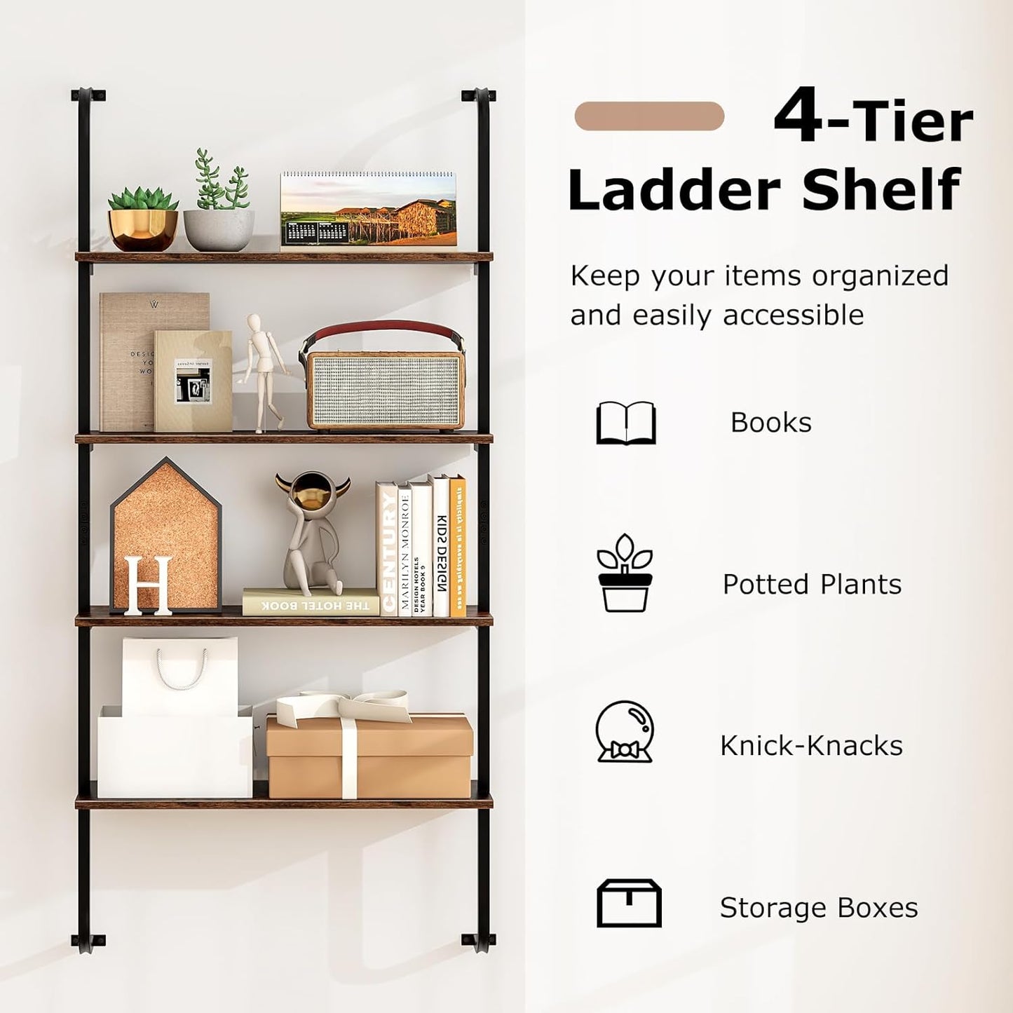 Giantex 4-Tier Industrial Bookshelf, Wall Mounted Pipe Shelving Unit, Floating Shelves with Metal Frame, Hanging Wall Display Shelf, Wood Ladder Bookshelf for Living Room, Kitchen, Rustic Brown