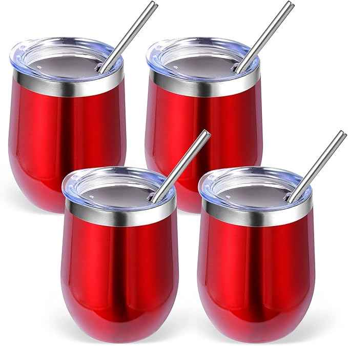 Volhoply 12oz Stainless Steel Wine Tumbler with Lid Bulk 4 Pack,Double Wall Vacuum Stemless Wine Glasses,Reusable Metal Travel Coffe Mug with Straw,Insulated Cup Gifts for Women,Christmas（Red,4 Set）