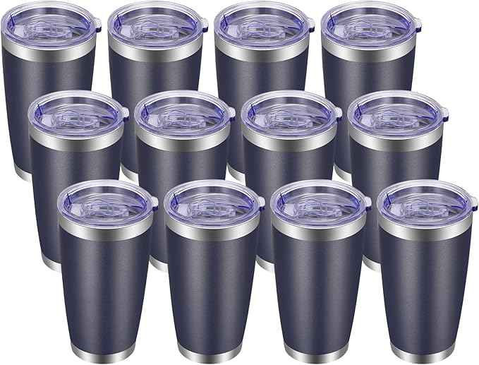VEGOND 20oz Tumbler with Lid and Straw Stainless Steel Tumbler Cup Bulk Vacuum Insulated Double Wall Travel Coffee Mug Powder Coated Coffee Cup, Navy Blue, 12 Pack