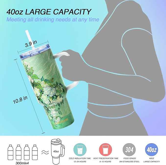 Jormungand 40 oz Tumbler with Handle and Straw, Vacuum Insulated Stainless Steel Cup & Water Bottle, Leakproof Lid, BPA-Free, Cup Holder Friendly for Travel, Keeps Drinks Hot & Cold Roses