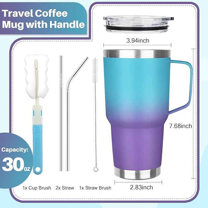 30 oz Stainless Steel Tumbler with Handle, Double Wall Vacuum Insulated Coffee Mug Tumbler with Lid and Straw, Thermal Cup for Cold and Hot (Blue Purple)