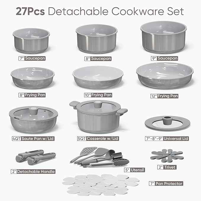 CAROTE 27pcs Ceramic Cookware Set Nonstick, Pots and Pans Set Non Stick, Non Toxic Cookware Detachable Handles, Dishwasher/Oven Safe, RV/Camping Cookware with Kitchen Utensils, Mothers Day Gifts