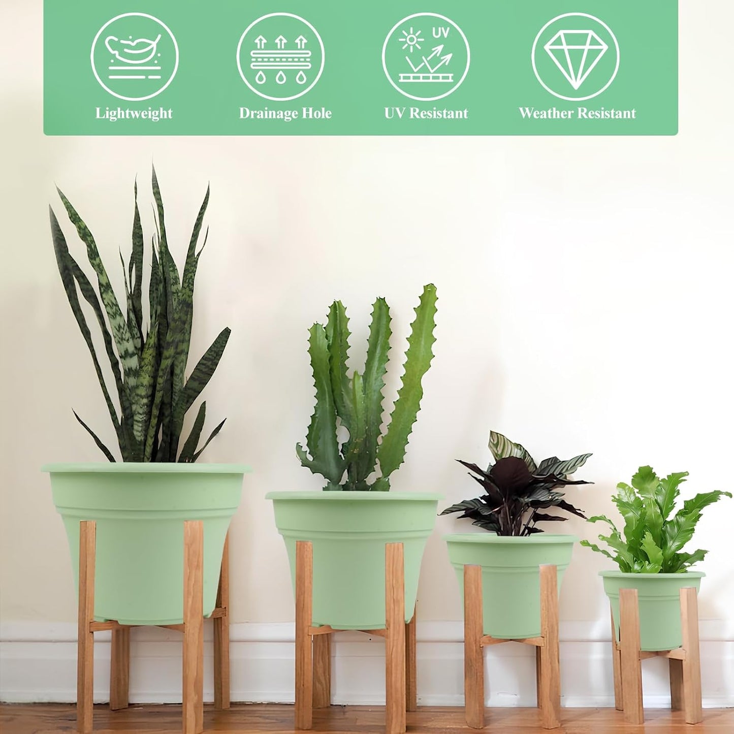 11 Inch Plastic-Flower-Pot-for-Indoor-Plants, 4 Pack Large Outdoor Planter Pot with Drainage Holes & Saucers, Resin Decorative Garden Pots Planters