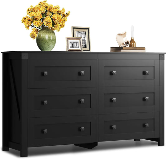 WLIVE Farmhouse Black Dresser for Bedroom, 53.07'' Wide 6 Drawer Wood Dresser, Chest of Drawers with Double Rustic Handle, TV Stand for 60 inch TV, Modern Clothes Organizer for Living Room, Hallway