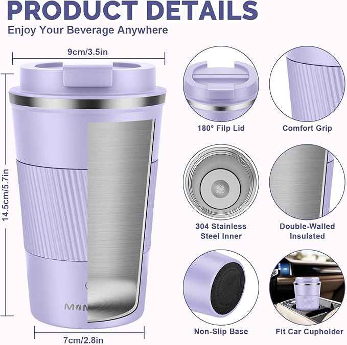 MOMSIV 12oz Travel Mug, Insulated Coffee Cup with Leakproof Lid, Vacuum Stainless Steel Double Walled Reusable Tumbler for Hot and Cold Water Coffee and Tea In Travel and Car