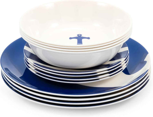 Camco 12 Piece Melamine Dishware Set - Features Blue and White Nautical Design - Includes 4 Bowls, 4 Salad Plates, & $ Dinner Plates - Dishwasher Safe Dish Set (41951)