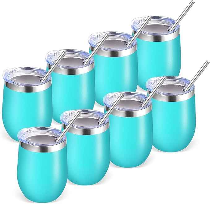 Volhoply 12oz Stainless Steel Wine Tumbler with Lid Bulk 8 Pack,Double Wall Vacuum Stemless Wine Glasses,Reusable Metal Travel Coffe Mug with Straw,Insulated Cup Gifts for Women,Christmas（Green,8 Set）