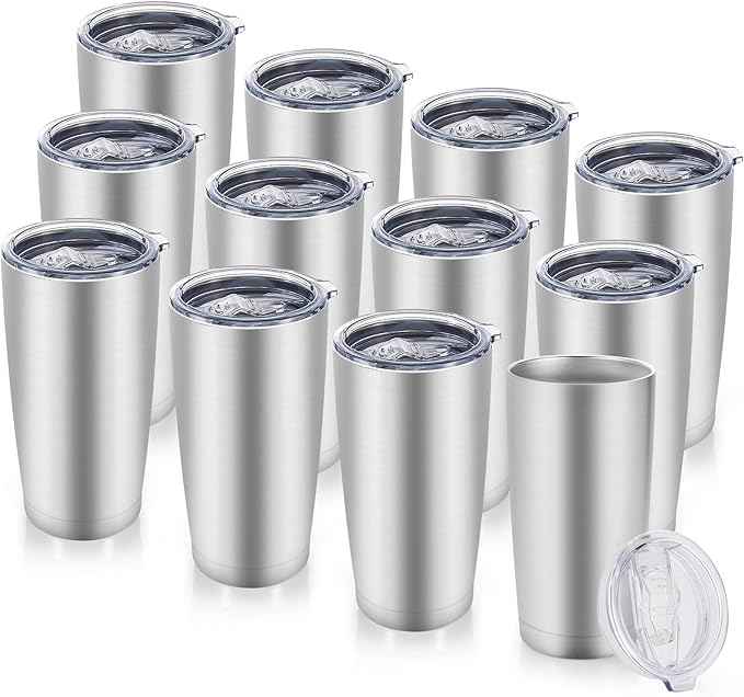 20 oz Tumblers Bulk Stainless Steel Tumbler with Lid Double Wall Vacuum Insulated Coffee Mug 20oz Powder Coated Cup for Hot and Cold Drinks, Stainless, 12 pack
