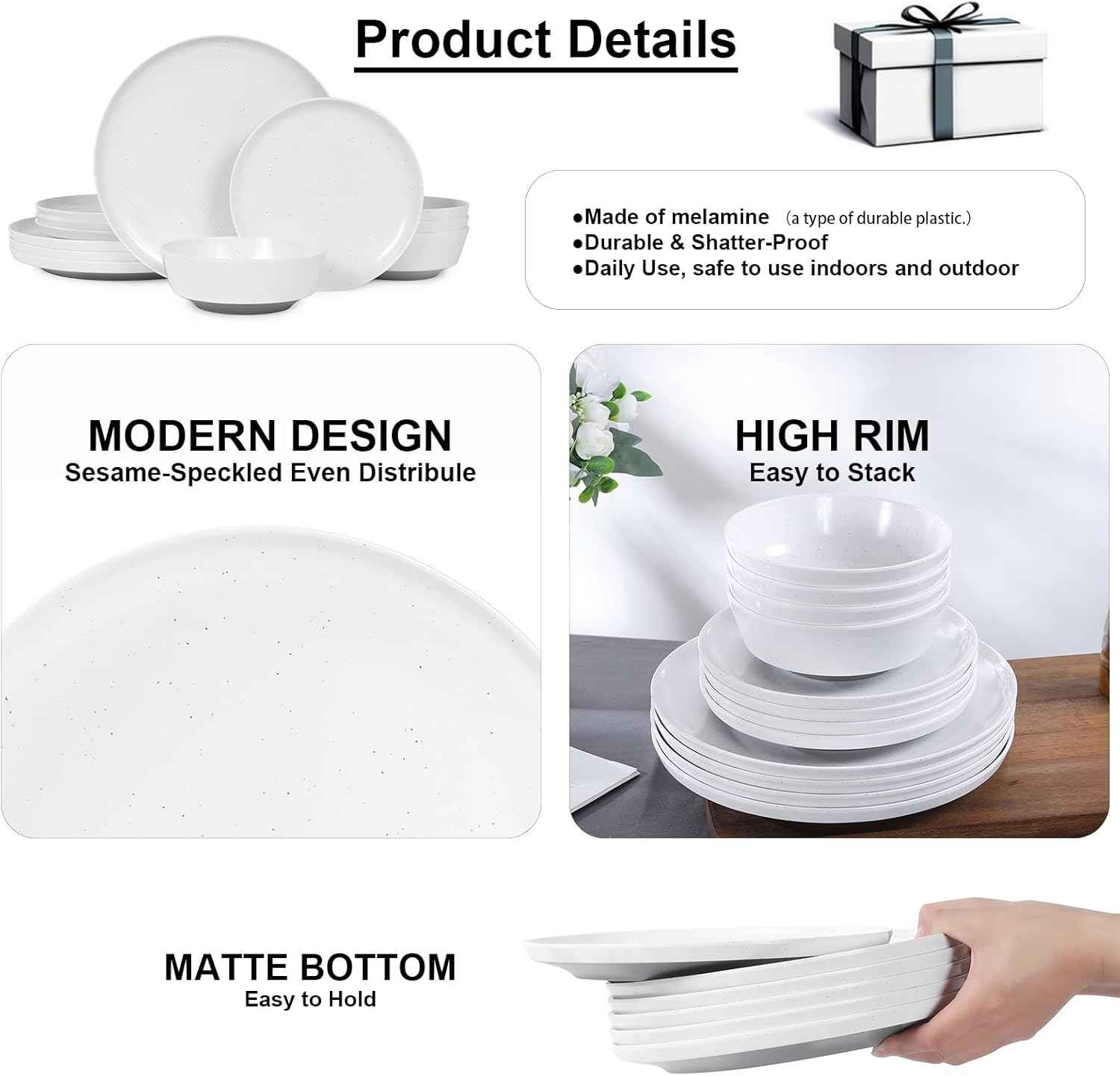 Webbylee 12-Piece Melamine Dinnerware Set for 4 – Unbreakable Plates & Bowls, Lightweight, Two-Tone White & Grey, Ideal for Family Meals, Camping, Picnic, Parties